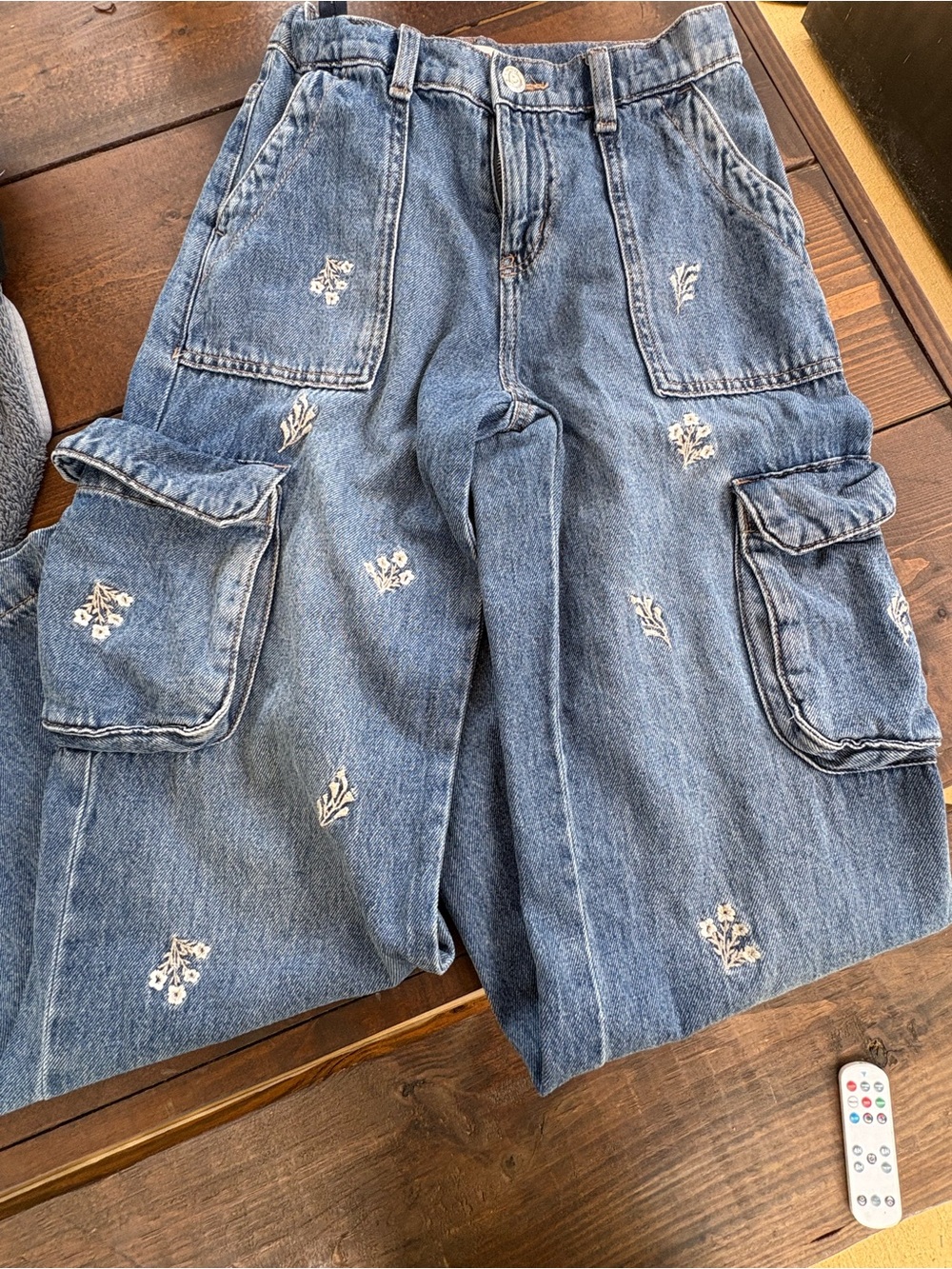 SO Blue Denim Cargo Jeans with White Floral Embroidery